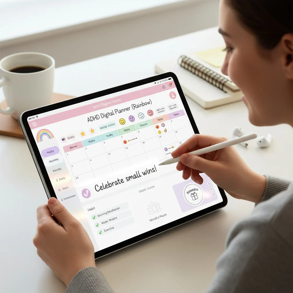 ADHD Digital Planner (Rainbow): Self-Care & Habit Tracker